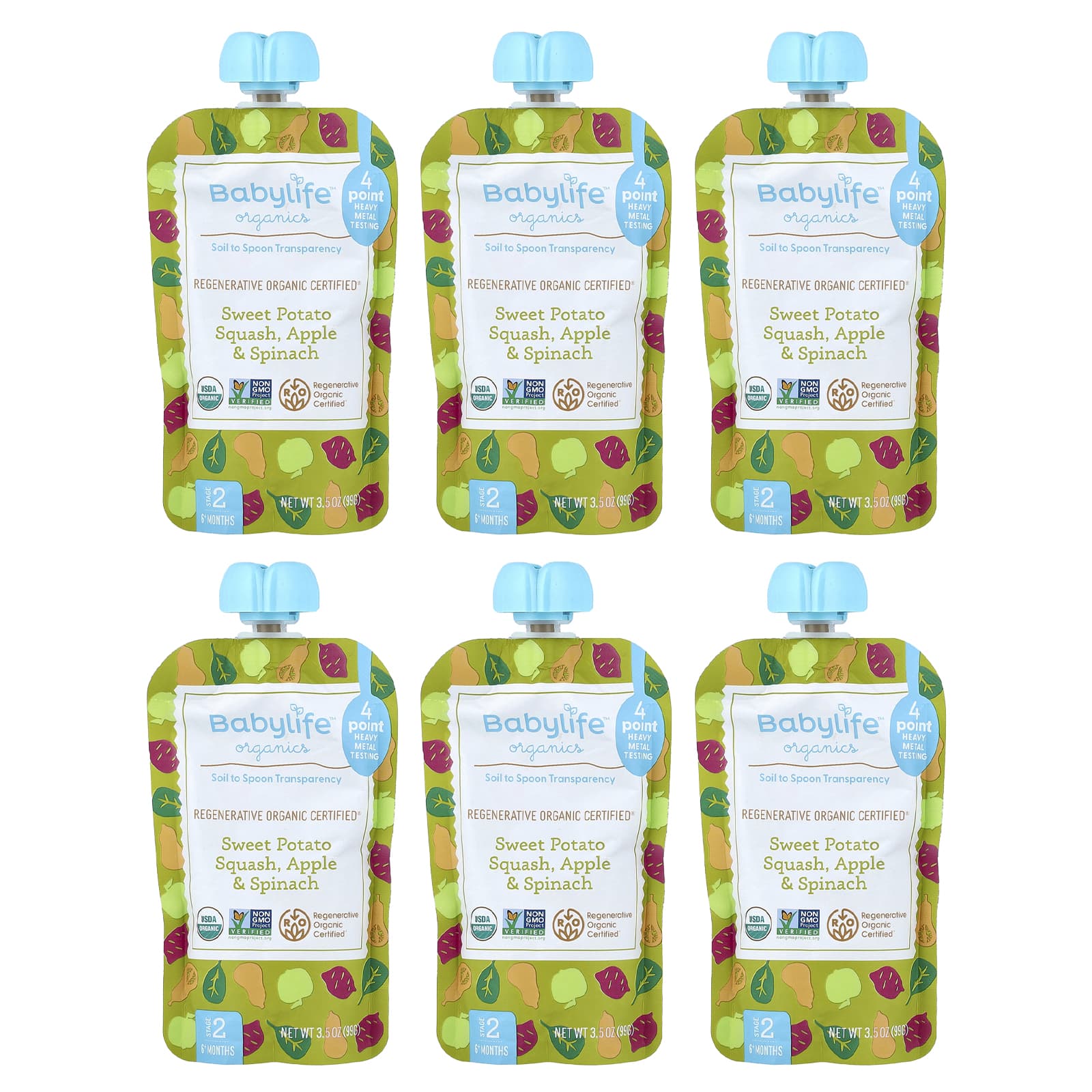 Детское питание BabyLife Organics Sweet Potato, Squash, Apple & Spinach 6 Pouches 3.5 oz (99 g) Each