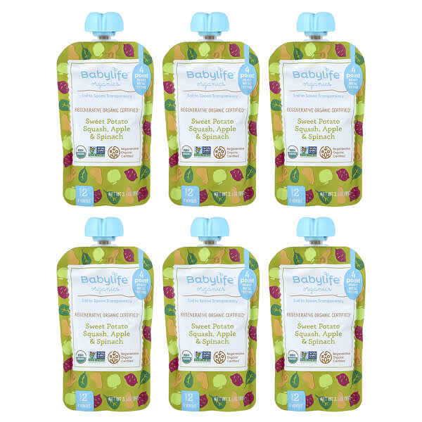 Baby Food, 6+ Months, Sweet Potato, Squash, Apple & Spinach, 6 Pouches, 3.5 oz (99 g) Each