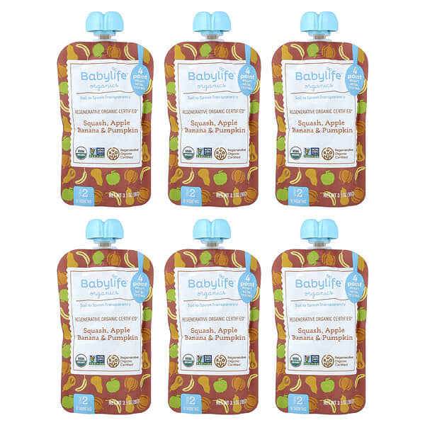 Baby Food, 6+ Months, Squash, Apple, Banana & Pumpkin, 6 Pouches, 3.5 oz (99 g) Each