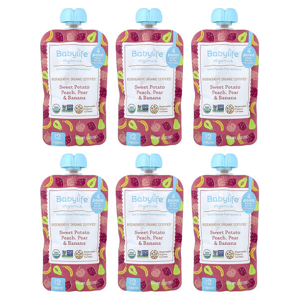 Baby Food, 6+ Months, Sweet Potato, Peach, Pear & Banana, 6 Pouches, 3.5 oz (99 g) Each