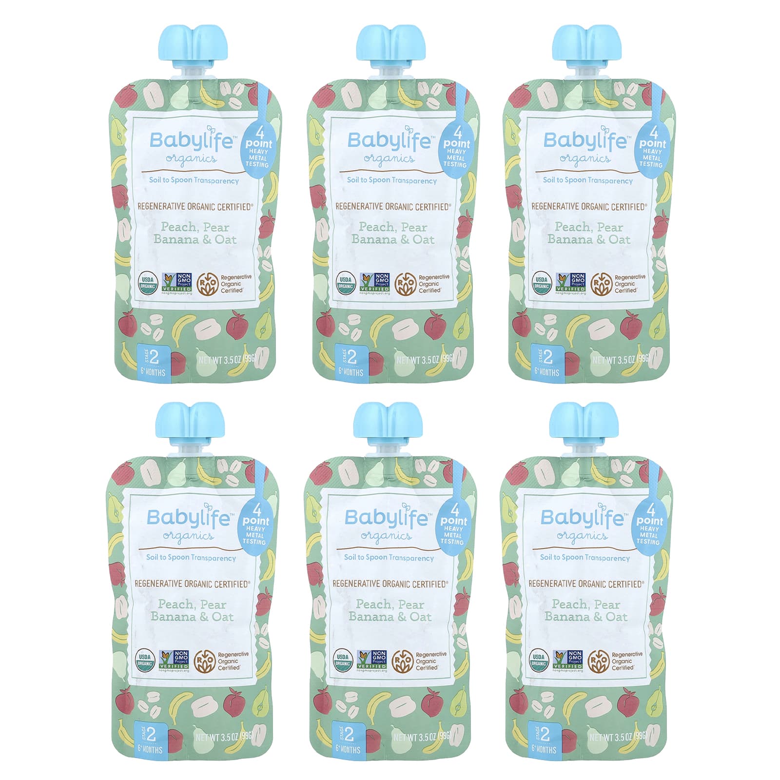 Детское питание BabyLife Organics: персик, груша, банан и овес, 6 пакетиков по 3.5 oz (99 g)