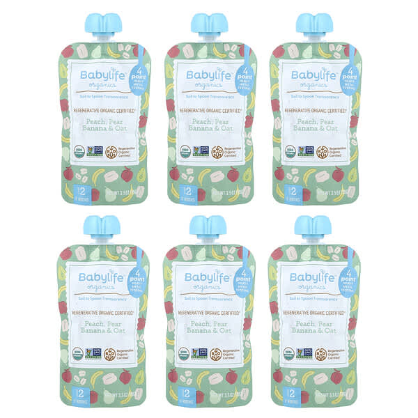 Baby Food, 6+ Months, Peach, Pear, Banana & Oat, 6 Pouches, 3.5 oz (99 g) Each