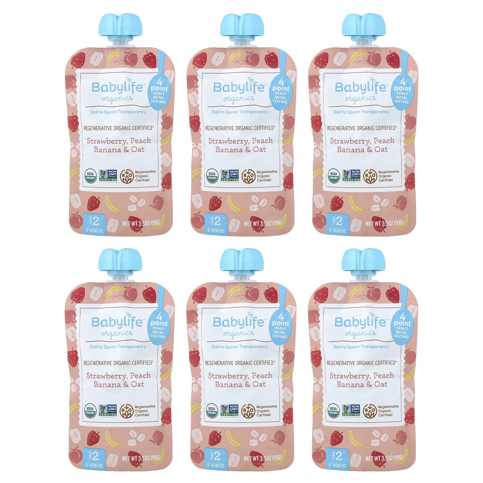Детское питание BabyLife Organics, 6+ Months, Strawberry, Peach, Banana & Oat, 6 Pouches, 3.5 oz (99 g) каждый