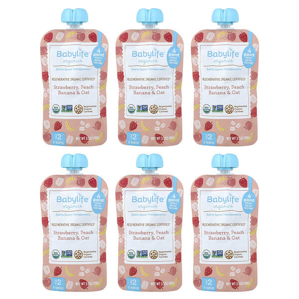 Baby Food, 6+ Months, Strawberry, Peach, Banana & Oat, 6 Pouches, 3.5 oz (99 g) Each