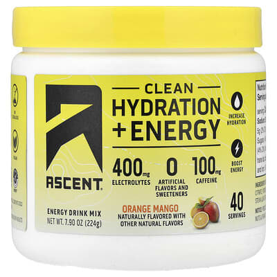 Энергетический напиток Ascent Clean Hydration + Energy, Orange Mango, 7.9 oz (224 g)