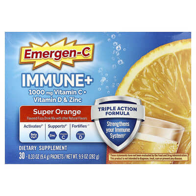 Immune+, Vitamin C + Vitamin D & Zinc, Super Orange, Caffeine Free, 30 Packets, 0.33 oz (9.4 g) Each