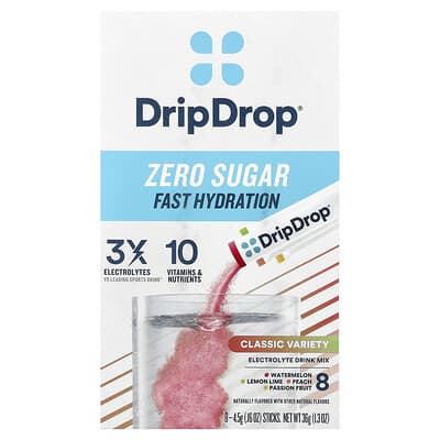 Растворимый электролит DripDrop Zero Sugar, Classic Variety, 8 стиков по 0.16 oz (4.5 g)