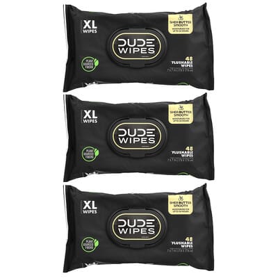 Dude Products смываемые влажные салфетки XL, с маслом ши, 3 упаковки по 48 шт