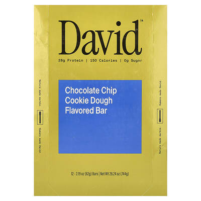 Протеиновый батончик David Protein, Chocolate Chip Cookie Dough, 12 шт, 2.19 oz (62 g) каждый