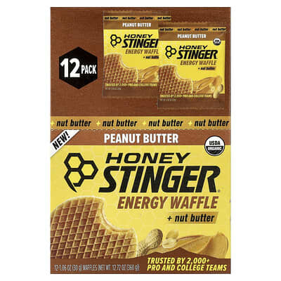 Энергетические вафли Honey Stinger Waffle + Nut Butter, Peanut Butter, 12 шт, 1.06 oz (30 g) каждая