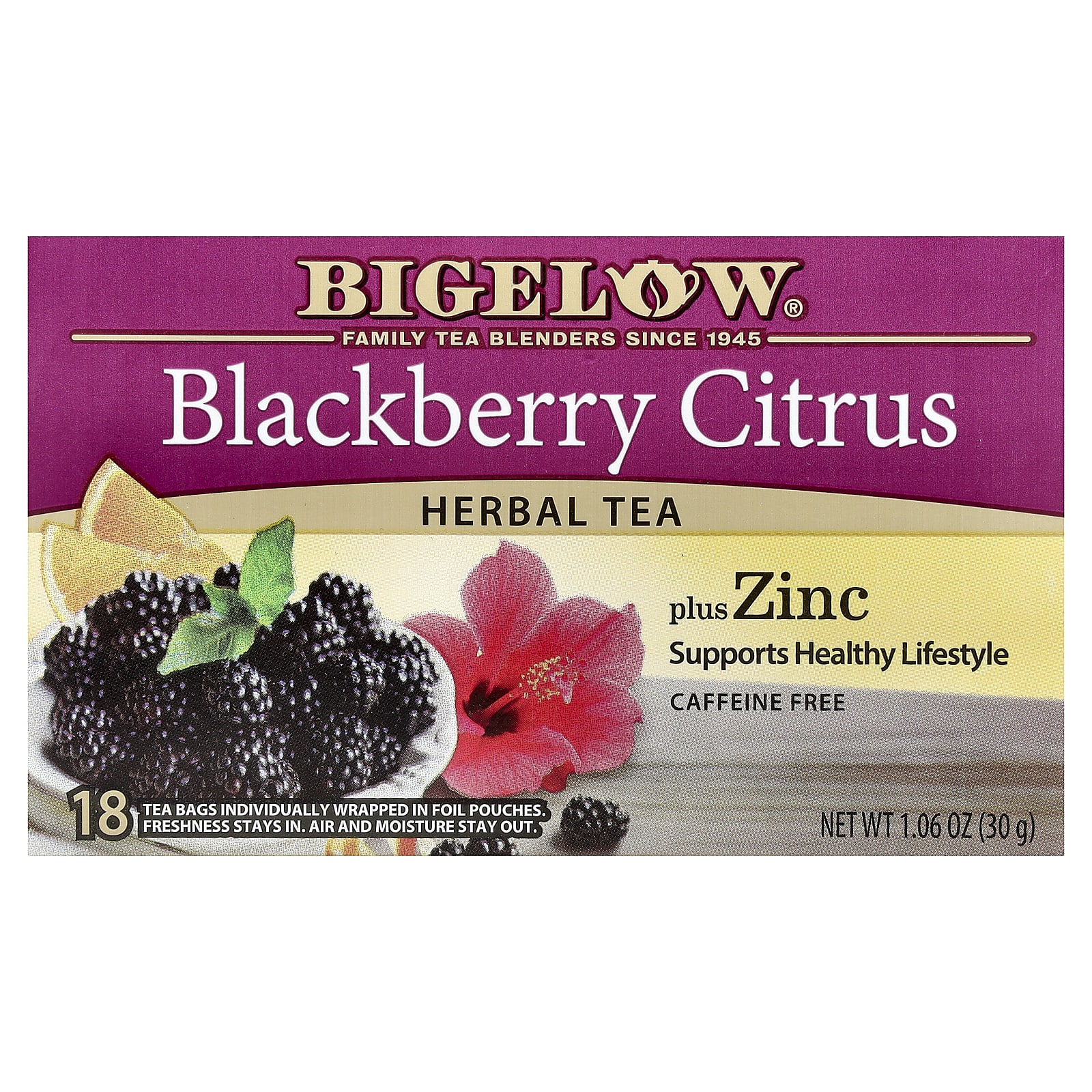 Herbal Tea Plus Zinc, Blackberry Citrus, Caffeine Free, 18 Tea Bags, 1.06 oz (30 g)