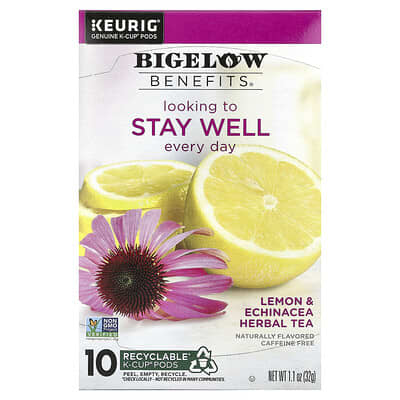 Bigelow Чай травяной Benefits®, Stay Well Lemon & Echinacea, 10 K-Cup® Pods, 1.1 oz (32 g)