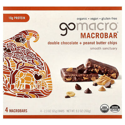 Батончики MacroBar® Smooth Sanctuary Double Chocolate Peanut Butter Chips, 4 шт, 2.3 oz (65 g) каждый