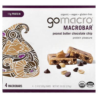 Протеиновые батончики MacroBar®, Protein Pleasure, Peanut Butter Chocolate Chip, 4 шт., 2.4 oz (69 g) каждый