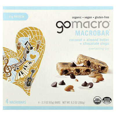 MacroBar®, Everlasting Joy, кокос, миндальное масло и шоколадные чипсы, 4 батончика, 2.3 oz (65 g) каждый