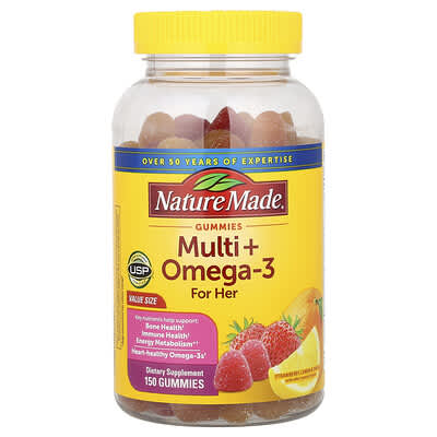 Nature Made Мультивитамины + Omega-3 жевательные мармеладки, клубника, лимон и апельсин, 150 шт