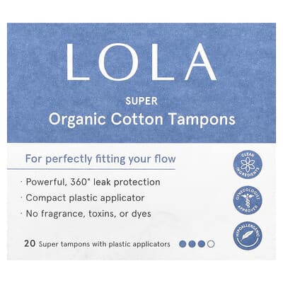 Organic Cotton Tampons with Plastic Applicators, Super, 20 Tampons