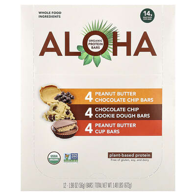 Aloha Органические протеиновые батончики, ассорти, 12 шт., 1.98 oz (56 g) каждый
