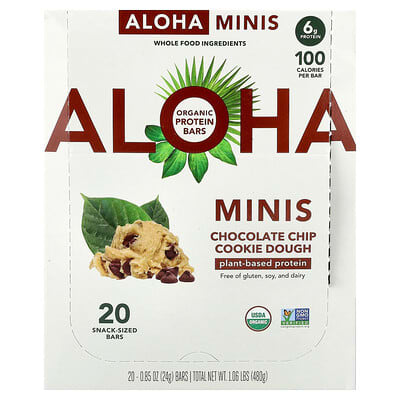 Aloha Органические протеиновые мини-батончики, Chocolate Chip Cookie Dough, 20 шт., 0.85 oz (24 g) каждый