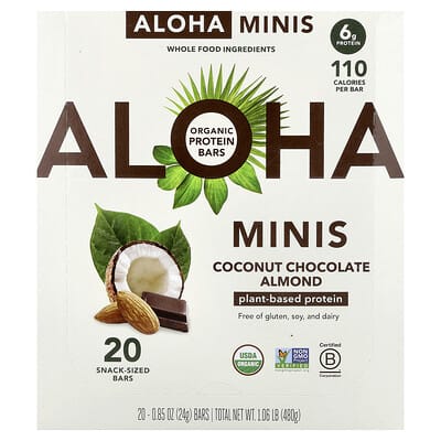Протеиновые мини-батончики Aloha Organic Protein Coconut Chocolate Almond, 20 шт., 0.85 oz (24 g) Each
