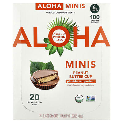 Протеиновые мини-батончики Aloha Organic Peanut Butter Cup, 20 штук, 0.85 oz (24 g) каждый