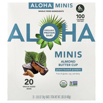 Протеиновые мини-батончики Aloha Organic Protein, Almond Butter Cup, 20 шт, 0.85 oz (24 g) каждый