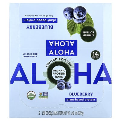 Aloha Органические протеиновые батончики, черника, 12 шт., 1.98 oz (56 g) каждый