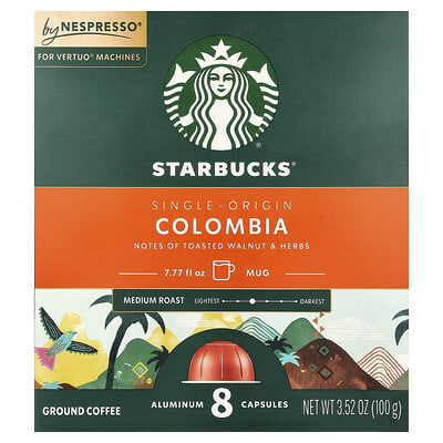 Nespresso® Кофе Колумбия молотый, средняя обжарка, 8 алюминиевых капсул, 3.52 oz (100 g)