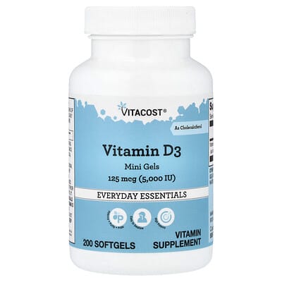Витамин D3 Mini Gels, 125 mcg (5,000 IU), 200 Softgels