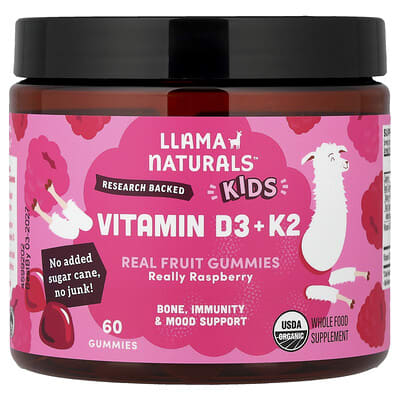 Kids Vitamin D3 + K2, Real Fruit Gummies, Really Raspberry, 60 Gummies