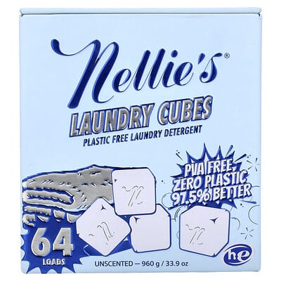 Laundry Cubes, Plastic Free Laundry Detergent, Unscented, 64 Loads, 33.9 oz (960 g)