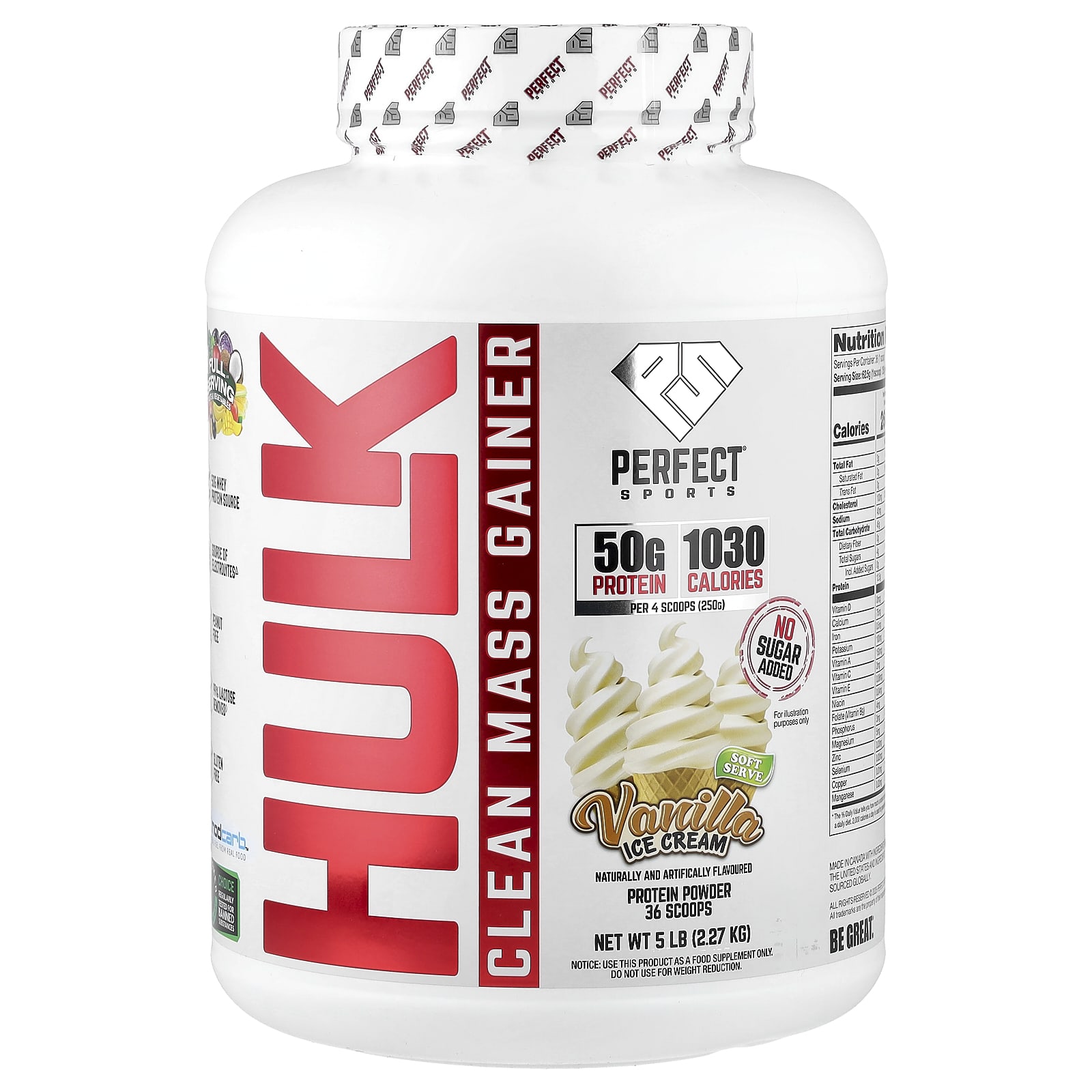 Hulk Clean Mass Gainer, Vanilla Ice Cream, 5 lb (2.27 kg)