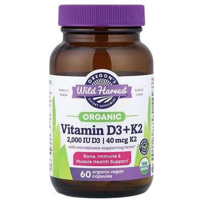 Organic Vitamin D3 + K2, 60 Organic Vegan Capsules