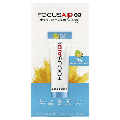 FocusAid® Go, Hydration + Clean Energy, Melon Maté, 14 Powder Packets, 0.16 oz (4.5 g) Each