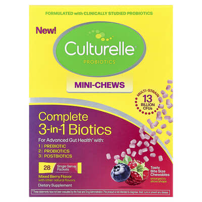 Culturelle Complete 3-in-1 Biotics Mini Chews, Mixed Berry, 28 пакетиков по 1.5 g