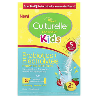 Детский Probiotics + Electrolytes, Hydration Super Duo, 3+ Years, Strawberry Lemonade, 30 Packets, 0.06 oz (1.7 g) Each