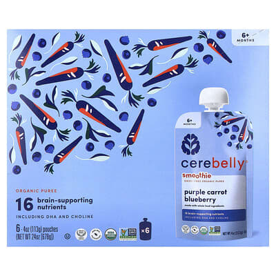 Smoothie, Dairy-Free Organic Puree, 6+ Months, Purple Carrot, Blueberry, 6 Pouches, 4 oz (113 g) Each