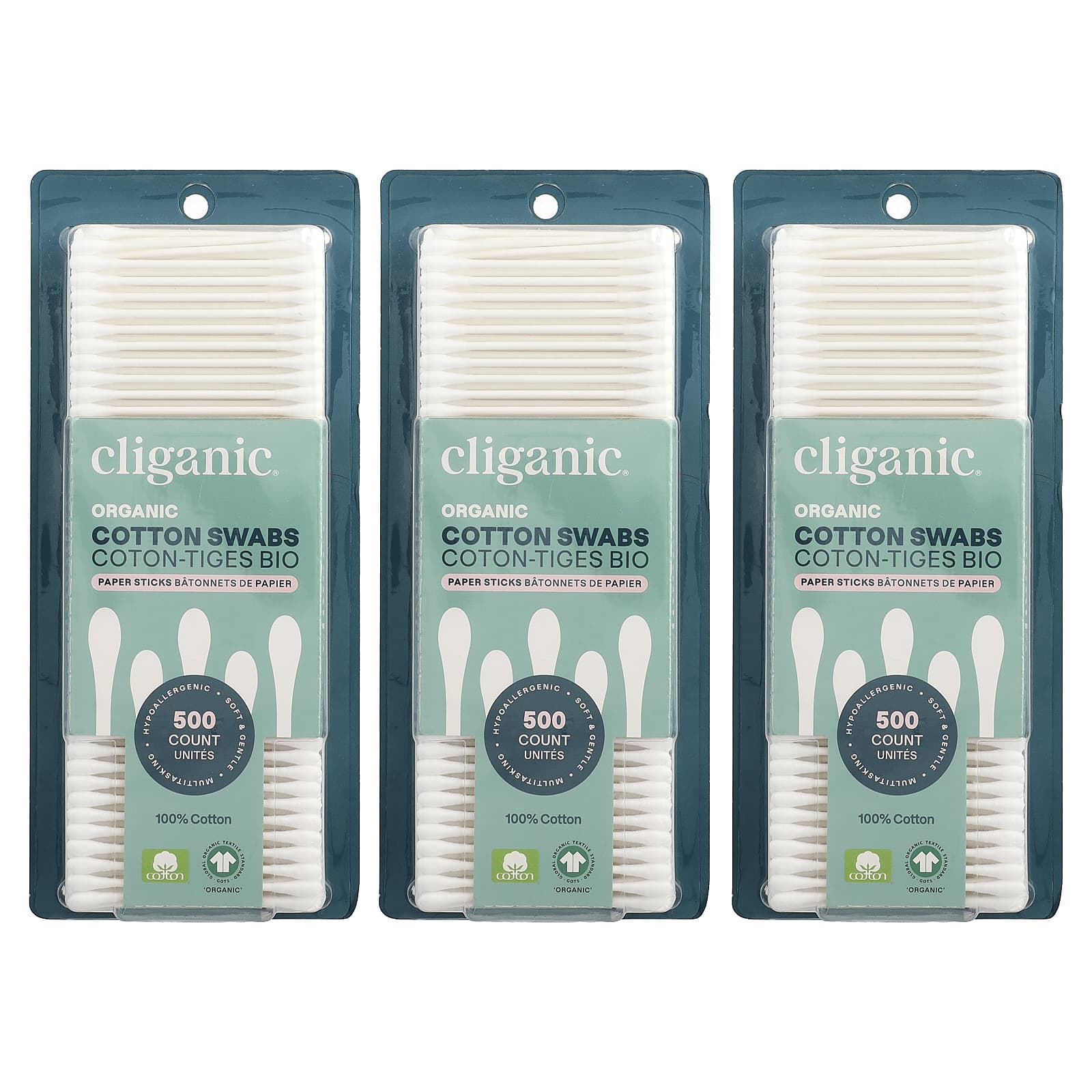 Organic Cotton Swabs, 3 Packs, 500 Count Each