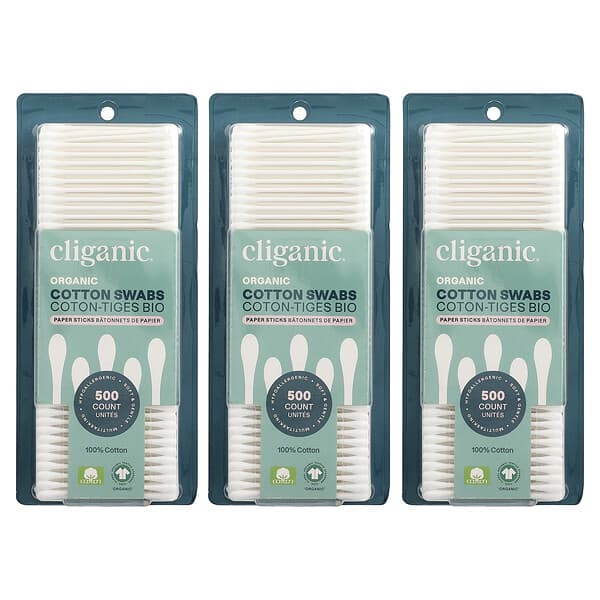 Organic Cotton Swabs, 3 Packs, 500 Count Each
