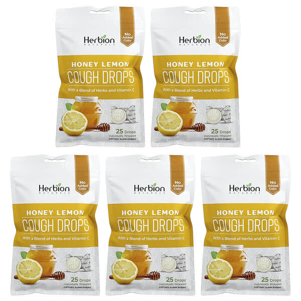 Cough Drops, Honey Lemon, 5 Packs, 25 Drops Each
