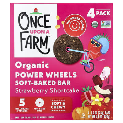 Organic Power Wheels, Soft-Baked Bar, Strawberry Shortcake, 4 Bars, 1.2 oz (34 g) Each