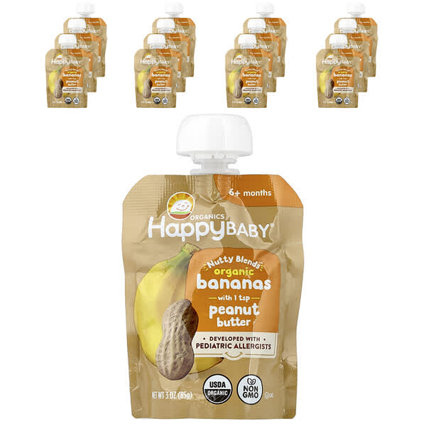 Happy Baby®, Nutty Blends™, 6+ Months, Organic Bananas with 1 tsp Peanut Butter, 12 Pouches, 3 oz (85 g) Each