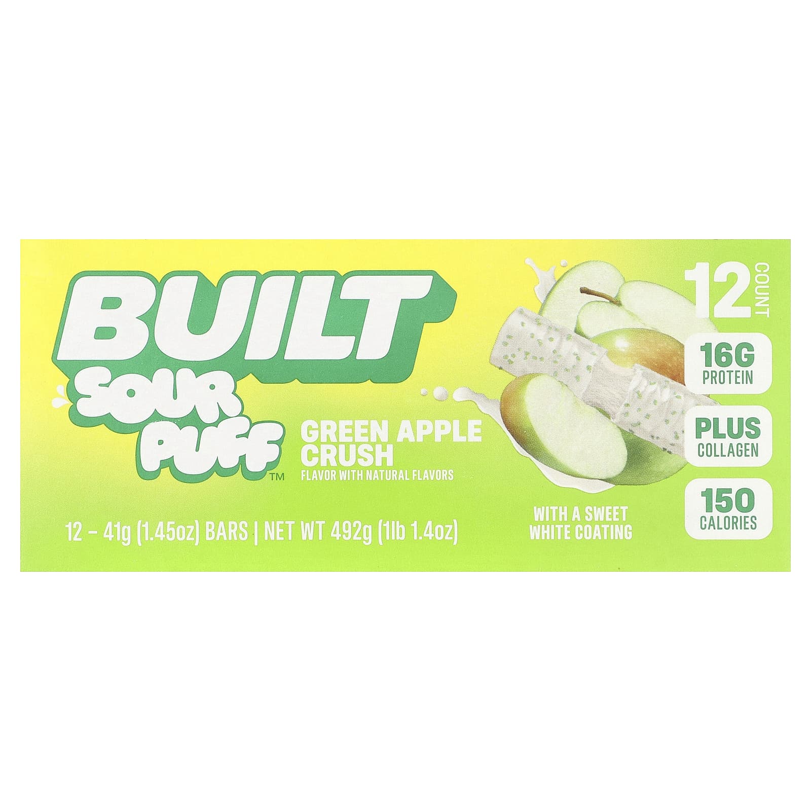 протеиновые батончики Built Sour Puff Green Apple Crush, 12 шт, 1.45 oz (41 g) каждый