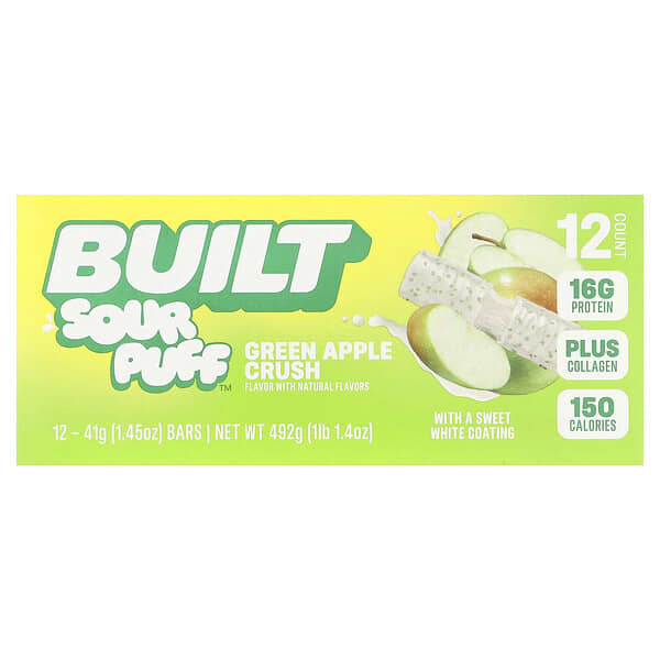 протеиновые батончики Built Sour Puff Green Apple Crush, 12 шт, 1.45 oz (41 g) каждый