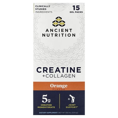 Ancient Nutrition креатин + коллаген, оранжевый, 15 гелевых пакетиков, по 1 fl oz (30 мл) каждый
