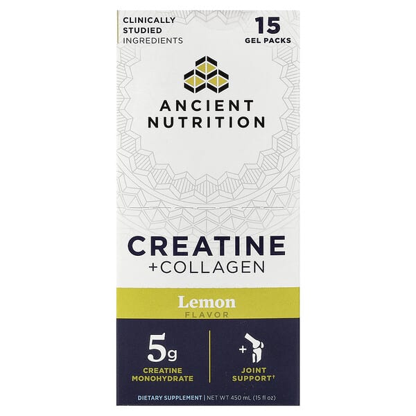Ancient Nutrition Creatine + Collagen, лимон, 15 гелевых пакетиков по 30 мл
