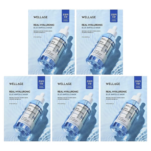 Маска для лица Real Hyaluronic Blue Ampoule Beauty Mask, 5 Sheets, 0.91 fl oz (27 ml) Each
