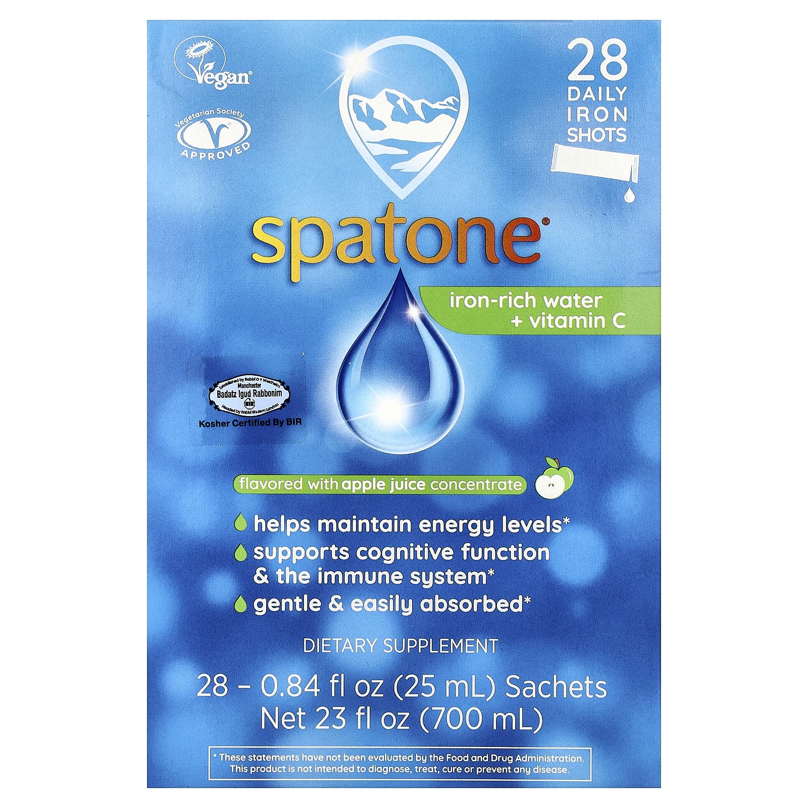 Вода Spatone с железом и витамином C, яблочный сок, 28 саше, 0.84 fl oz (25 ml) каждый