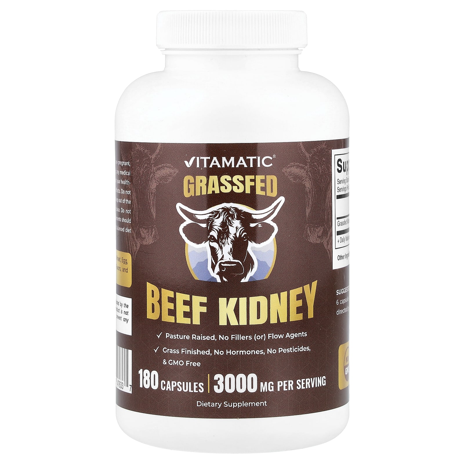 Grassfed Beef Kidney, 180 Capsules (500 mg per Capsule)