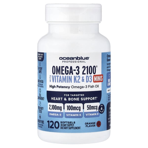 OceanBlue Профессиональные добавки Omega-3 2100® с витаминами K2 и D3, апельсин, 120 мягких капсул